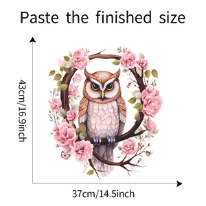 Detailed view of owl wall sticker dimensions with pink flowers on a brown branch