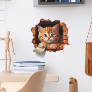 3D cute orange cat peeking through broken wall sticker for bedroom wall decoration