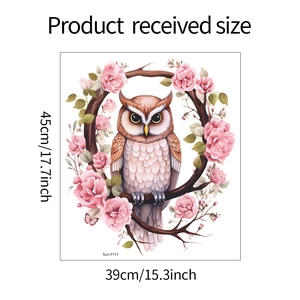 Detailed owl with pink roses floral wreath wall sticker, size 45x39cm model fun-f111