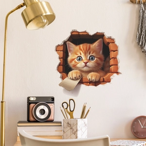 3D cat wall sticker featuring a cute orange kitten peeking through a broken brick wall