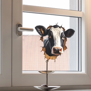 Close-up of 3D cow head sticker with cracked wall effect on a glass window surface