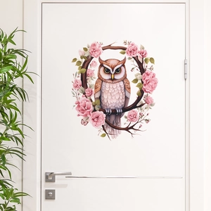 Cartoon owl and pink flower branch wall sticker for home bedroom and living room decor