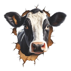 3D wall decal sticker featuring a realistic cow head breaking through a white wall texture