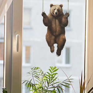 3D realistic brown bear swinging window sticker with lifelike fur textures for home decor