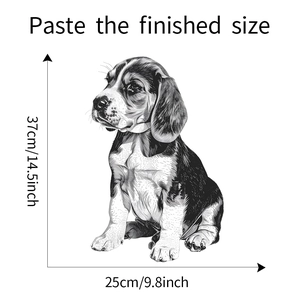 Tableau des tailles détaillé montrant les dimensions du sticker mural chiot beagle