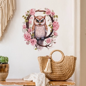 Cartoon Owl With Branches Pink Flowers PVC Wall Sticker Removable Decorative Home Decal For Living Room Bedroom Door Mural
