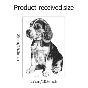 Tableau des tailles pour sticker mural chiot Beagle montrant hauteur 39cm et largeur 27cm