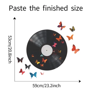 Detail showing dimensions of butterfly vinyl record wall decals measuring 59cm by 53cm