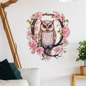 Cartoon owl wall decal with pink roses on a branch, ideal for bedroom and living room decor
