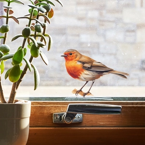 Realistic robin bird window sticker with detailed orange feathers on glass panel