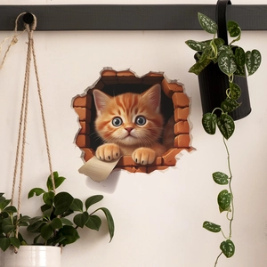 3D wall sticker detail showing a cute orange cat peeking through a broken brick wall