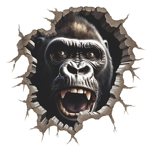 Detaillierter 3D-Wandaufkleber mit realistischem brüllendem Gorilla und Mauerdurchbruch-Effekt