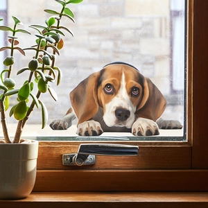 Realistic 3D beagle dog sticker peeking through glass window with indoor plant decor