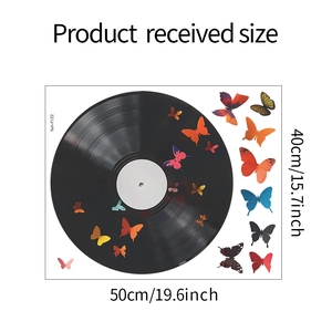 Detailed size chart for vinyl record and colorful butterfly wall stickers set 50x40cm
