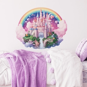 Round dream castle wall sticker with rainbow and pink clouds for kids bedroom decor