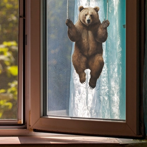 3D realistic brown bear on a swing window sticker for home glass decoration