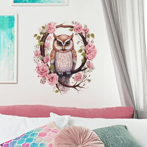 Cartoon owl on rose branch wall decal for living room and bedroom home decor