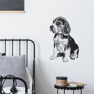 Sticker mural minimaliste croquis chien beagle noir et blanc pour décor de chambre