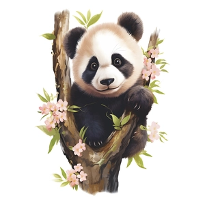 Adorable panda grimpant sur une branche fleurie pour décoration de fenêtre en verre