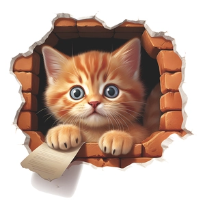 Detail of 3D creative broken wall cat sticker with vivid orange tabby and blue eyes