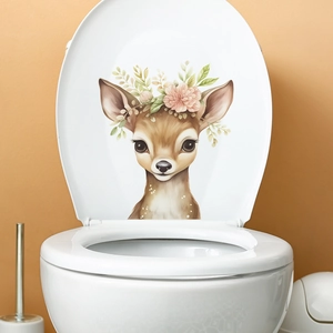 Cute cartoon deer toilet seat sticker with floral wreath for bathroom wall decoration