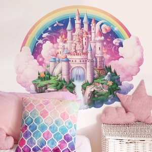 Detail of dream castle wall sticker with rainbow and clouds in a kid's bedroom