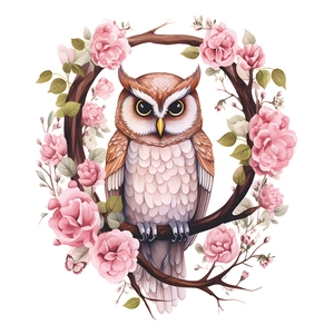 Cartoon owl wall sticker with pink roses and butterfly for home decoration