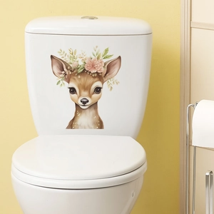 Cute cartoon deer wall sticker with pink flowers for bathroom toilet decoration
