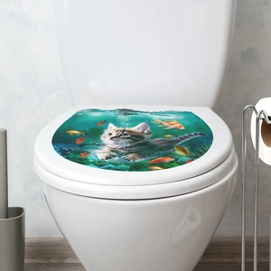 3D ocean world cat toilet lid decal with colorful tropical fish and coral reef decoration