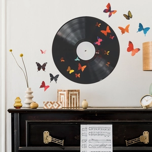 Retro vinyl record wall art with colorful 3D butterfly stickers for home decoration