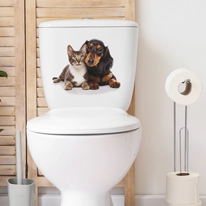 Cute tabby cat and dachshund wall stickers on white toilet tank for bathroom decoration