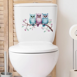 Adesivo per Gabinetto Gufo Cartone Animato Ramo d'Albero Impermeabile PVC Decalcomania da Muro per Bagno Casa Decorazione Removibile DIY Poster