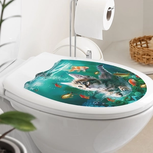 3D ocean world cat toilet sticker showing cute kitten playing with goldfish in blue water