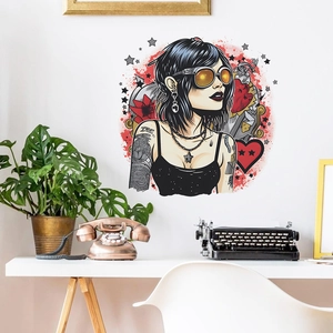 Creative punk woman wall sticker with sunglasses and red splash background for home decor