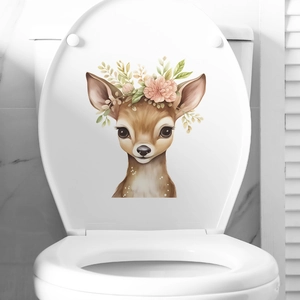 Cute Cartoon Fawn Floral Toilet Sticker Waterproof PVC Removable Animal Wall Decal For Bathroom Restroom Home Decor