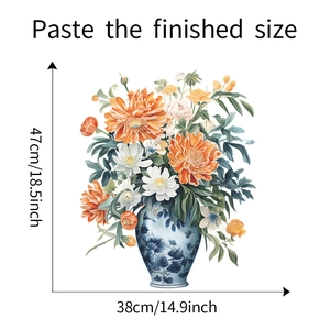 Detailed dimensions of floral wall sticker in porcelain vase, 47cm high by 38cm wide