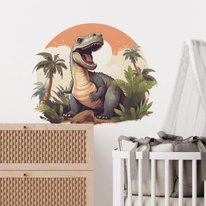 Cartoon dinosaur wall sticker with T-rex and palm trees in retro nursery interior