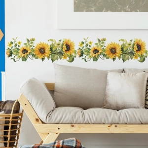 Watercolor sunflower wall stickers for home decor shown in a bright living room setup
