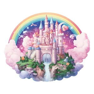 Cartoon dream castle and rainbow wall sticker for kids bedroom decor in fantasy style