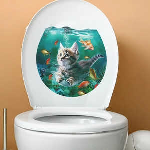 Detailed 3D underwater cat aquarium toilet seat sticker with goldfish and corals