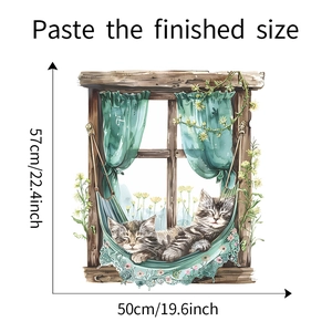 Detail showing cartoon sleeping cats in a hanging basket wall sticker with size labels