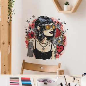 Punk style wall sticker of a tattooed woman with sunglasses for modern home wall decor