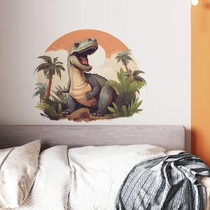 Detailed view of cartoon dinosaur wall sticker with sunset and palm trees in kids bedroom