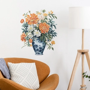 Creative hand-painted floral vase wall sticker for home decor with orange flowers