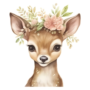 Cute watercolor deer with flower crown wall sticker for bathroom and nursery decor