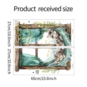 Product dimensions for 2-piece set of cartoon cat wall stickers showing the received size