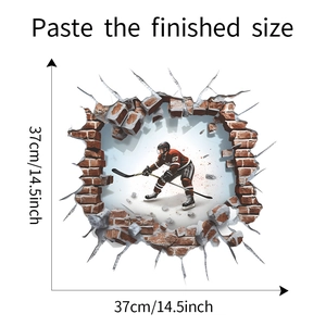 3D wall decal of hockey player breaking through red brick wall with 37cm size dimensions
