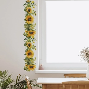 Vertical floral wall sticker detail with golden sunflowers and green leaves for home decor