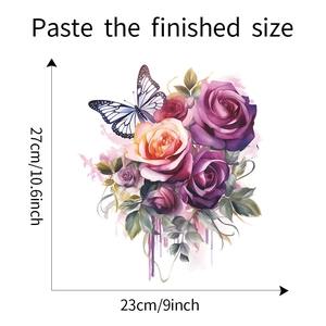 Detailed view of purple floral butterfly wall sticker with size dimensions 23x27cm