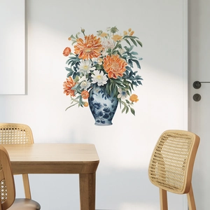 Blue And White Porcelain Vase Floral Wall Sticker PVC Removable Flower Wall Decal For Living Room Bedroom Home Art Decor